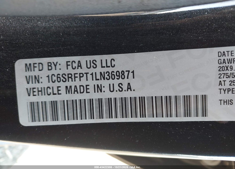 2020 RAM 1500 VIN: 1C6SRFPT1LN369871