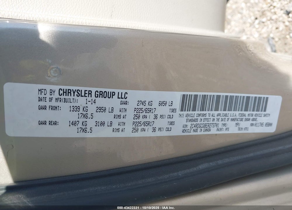 2014 DODGE GRAND CARAVAN SXT VIN: 2C4RDGCG8ER273701