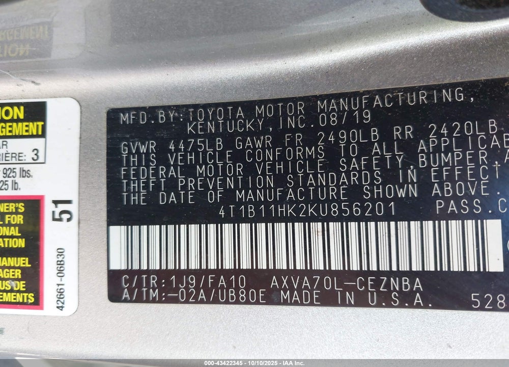 2019 TOYOTA CAMRY LE VIN: 4T1B11HK2KU856201