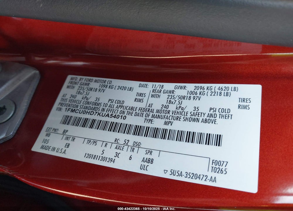 2019 FORD ESCAPE SEL VIN: 1FMCU0HD7KUA54010