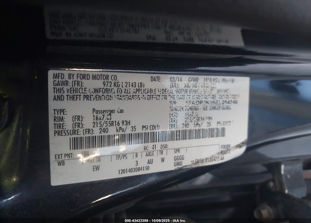 2014 FORD FOCUS VIN: 1FADP3K26EL284548