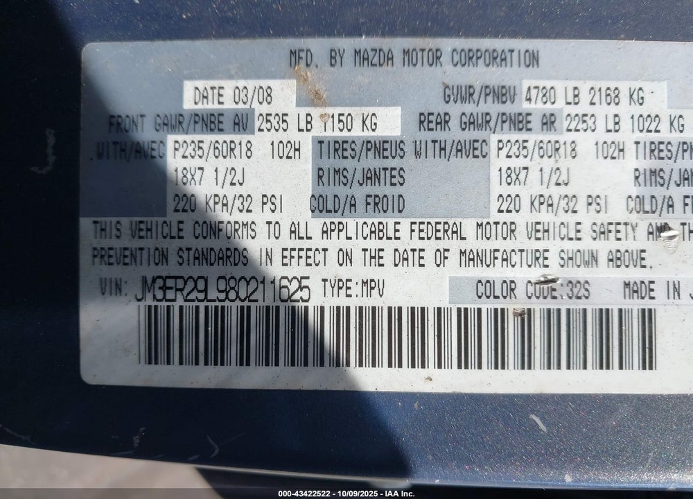 2008 MAZDA CX-7 SPORT VIN: JM3ER29L980211625