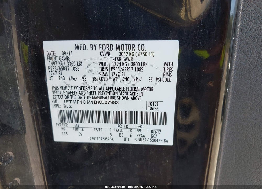 2011 FORD F-150 VIN: 1FTMF1CM1BKE07983