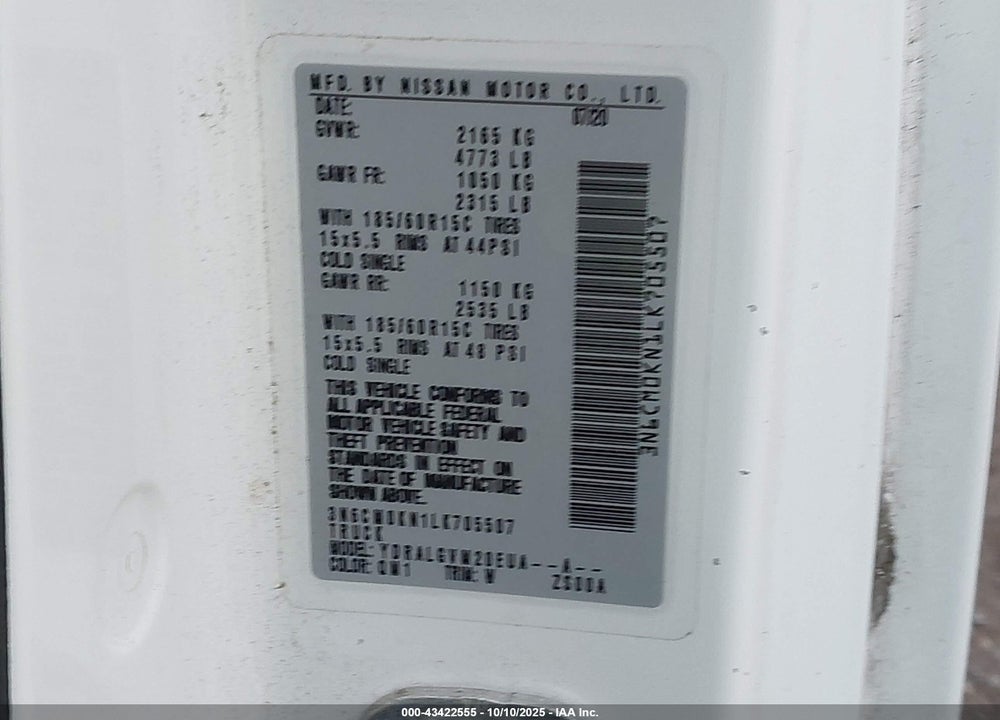 2020 NISSAN NV200  CARGO VIN: 3N6CM0KN1LK705507