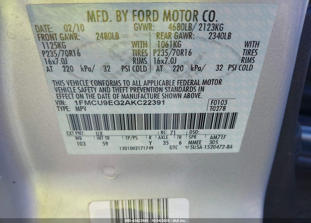 2010 FORD ESCAPE LIMITED VIN: 1FMCU9EG2AKC22391