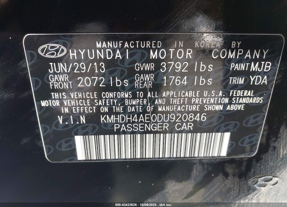 2013 HYUNDAI ELANTRA GLS VIN: KMHDH4AE0DU920846