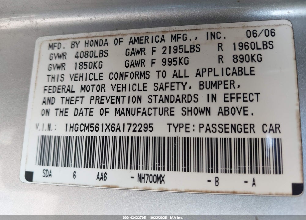 2006 HONDA ACCORD 2.4 VP VIN: 1HGCM561X6A172295