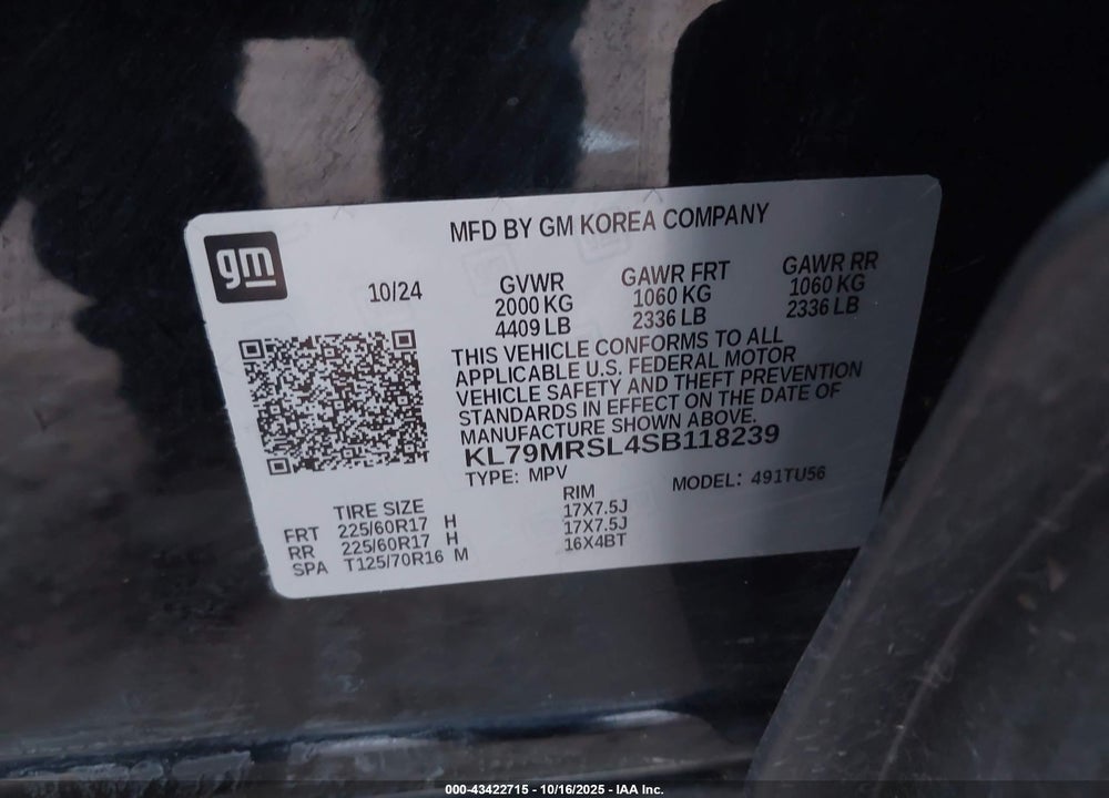 2025 CHEVROLET TRAILBLAZER VIN: KL79MRSL4SB118239