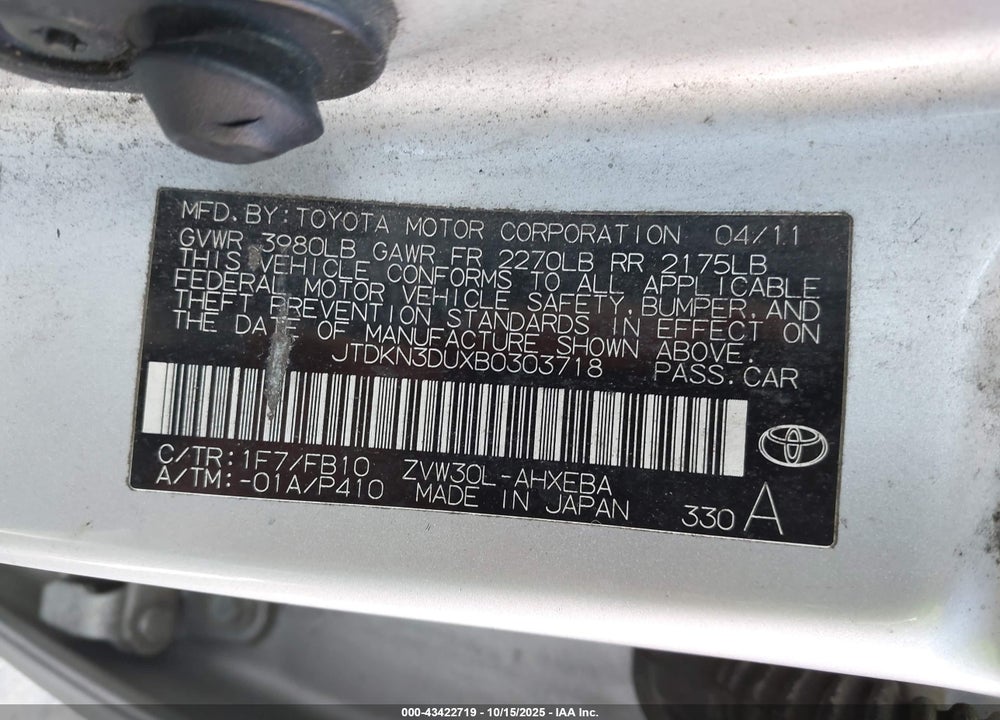 2011 TOYOTA PRIUS VIN: JTDKN3DUXB0303718