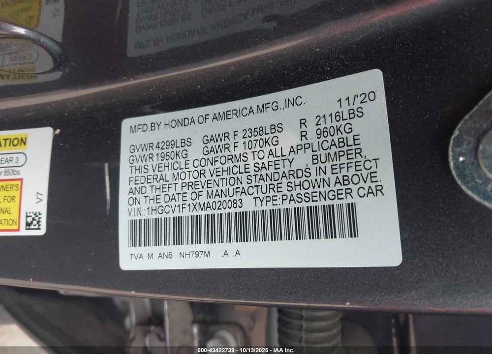 2021 HONDA ACCORD LX VIN: 1HGCV1F1XMA020083