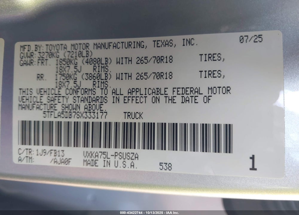 2025 TOYOTA TUNDRA SR5 4WD VIN: 5TFLA5DB7SX333177