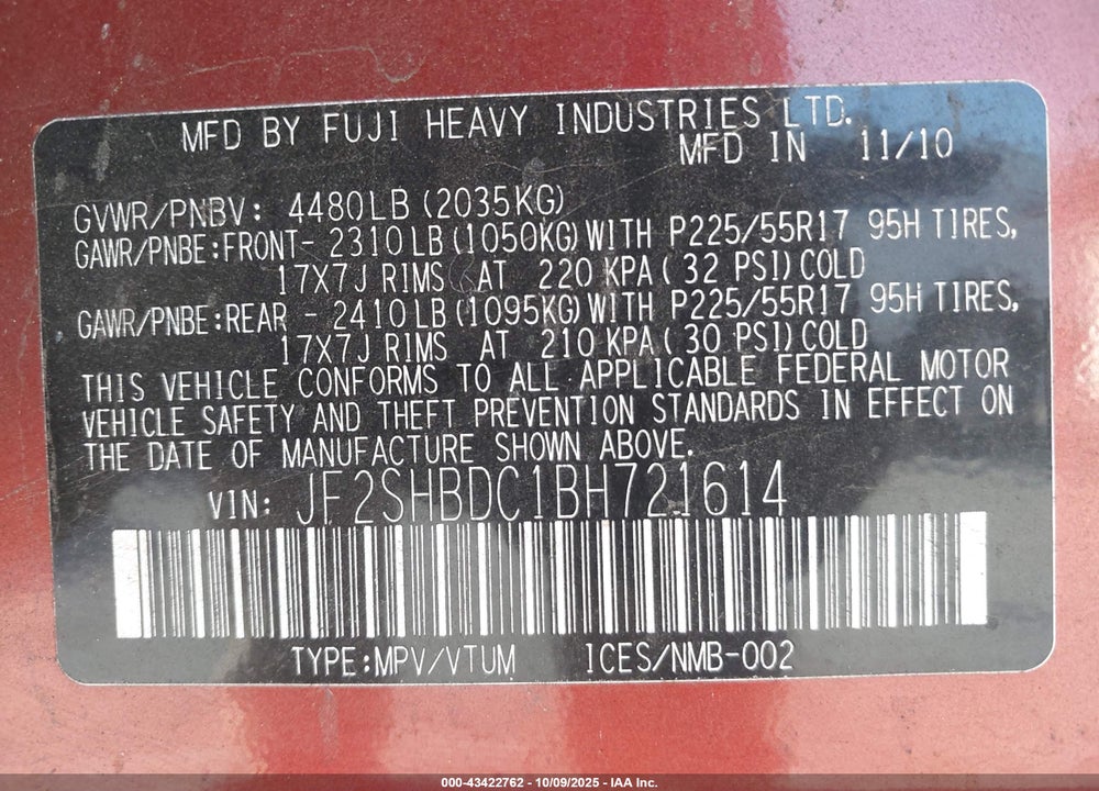 2011 SUBARU FORESTER VIN: JF2SHBDC1BH721614