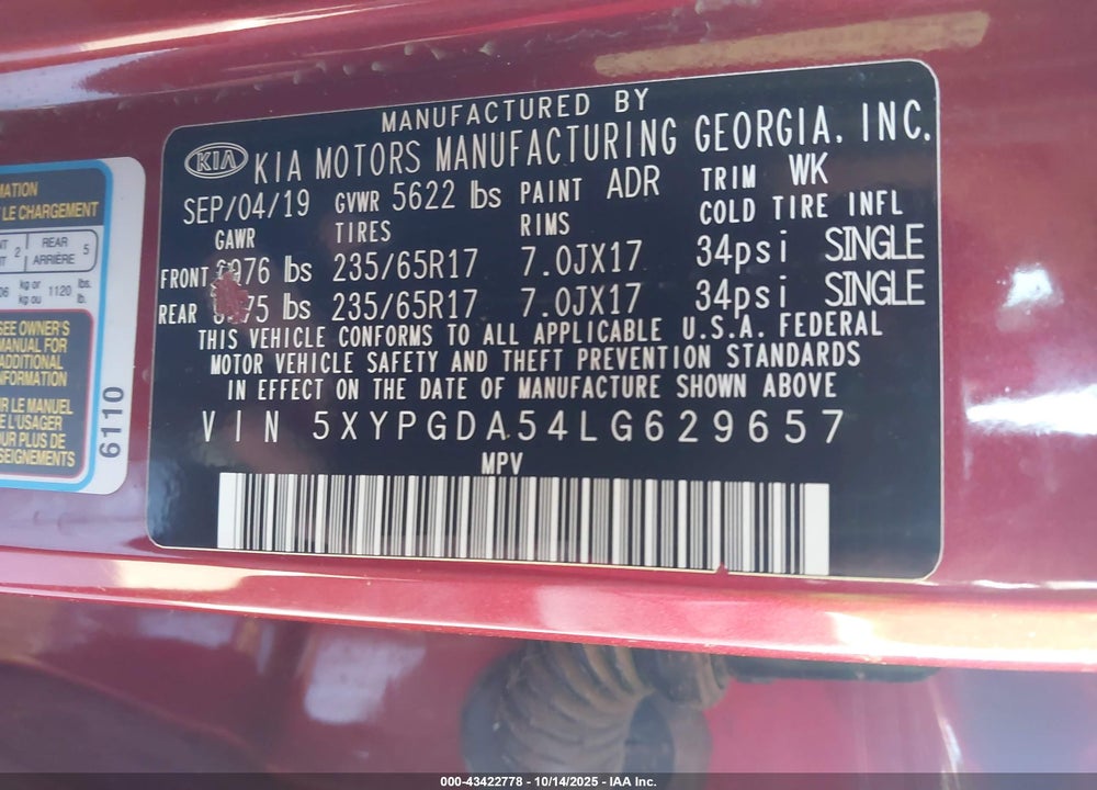 2020 KIA SORENTO 3.3L LX VIN: 5XYPGDA54LG629657