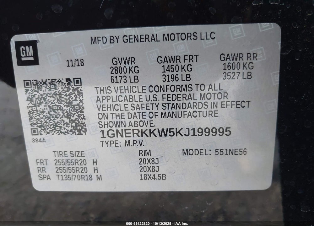 2019 CHEVROLET TRAVERSE PREMIER VIN: 1GNERKKW5KJ199995