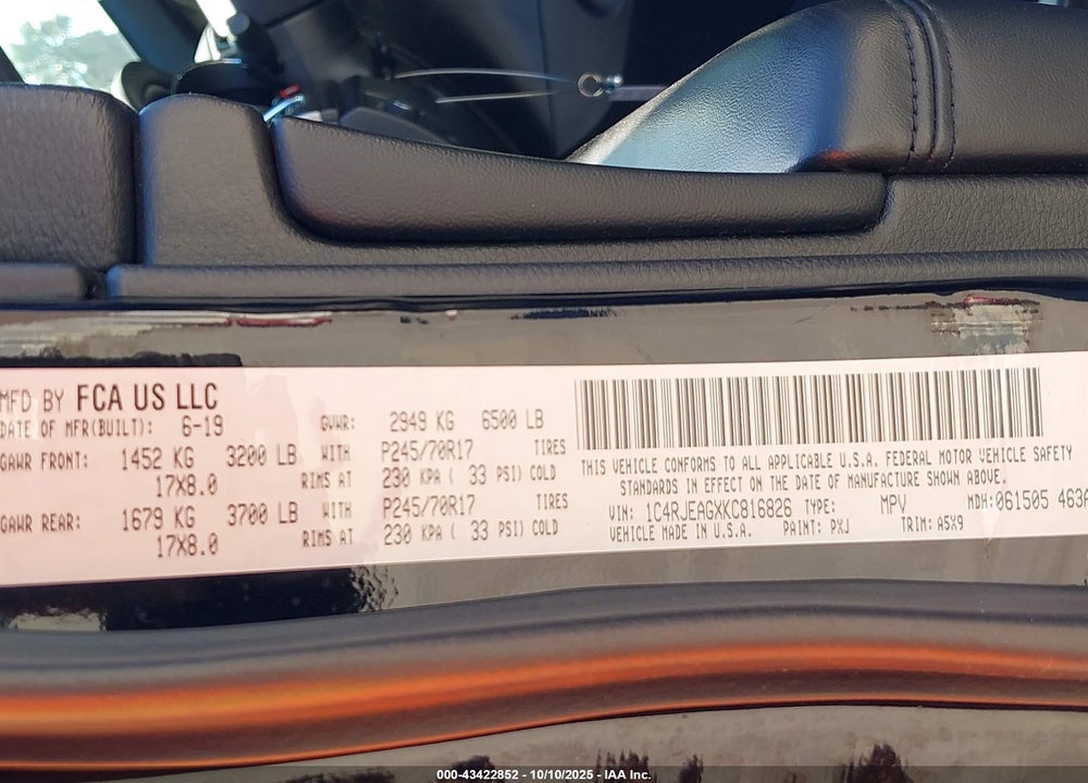 2019 JEEP GRAND CHEROKEE VIN: 1C4RJEAGXKC816826
