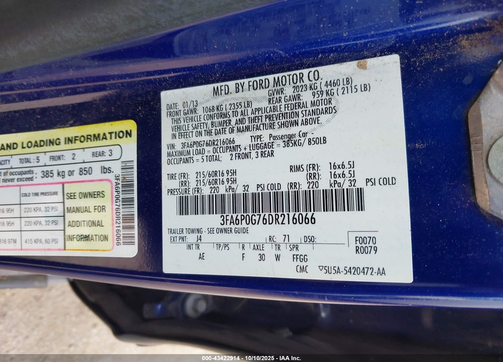 2013 FORD FUSION S VIN: 3FA6P0G76DR216066