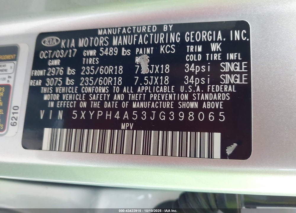 2018 KIA SORENTO 3.3L EX VIN: 5XYPH4A53JG398065