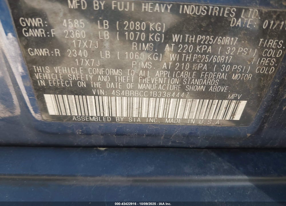 2011 SUBARU OUTBACK VIN: 4S4BRBCC1B3384447