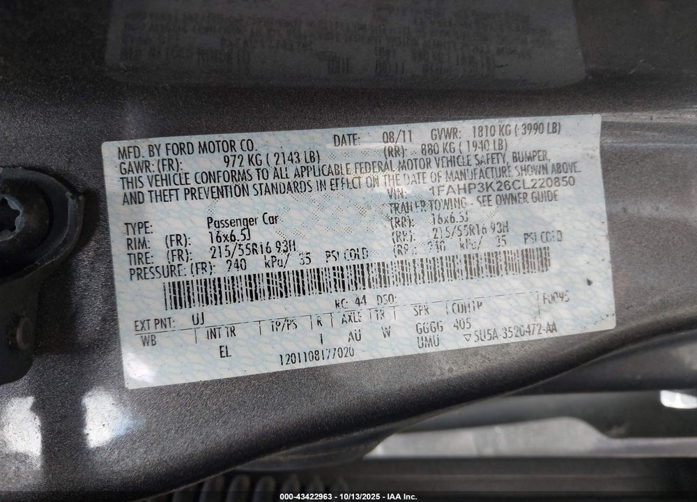 2012 FORD FOCUS VIN: 1FAHP3K26CL220850