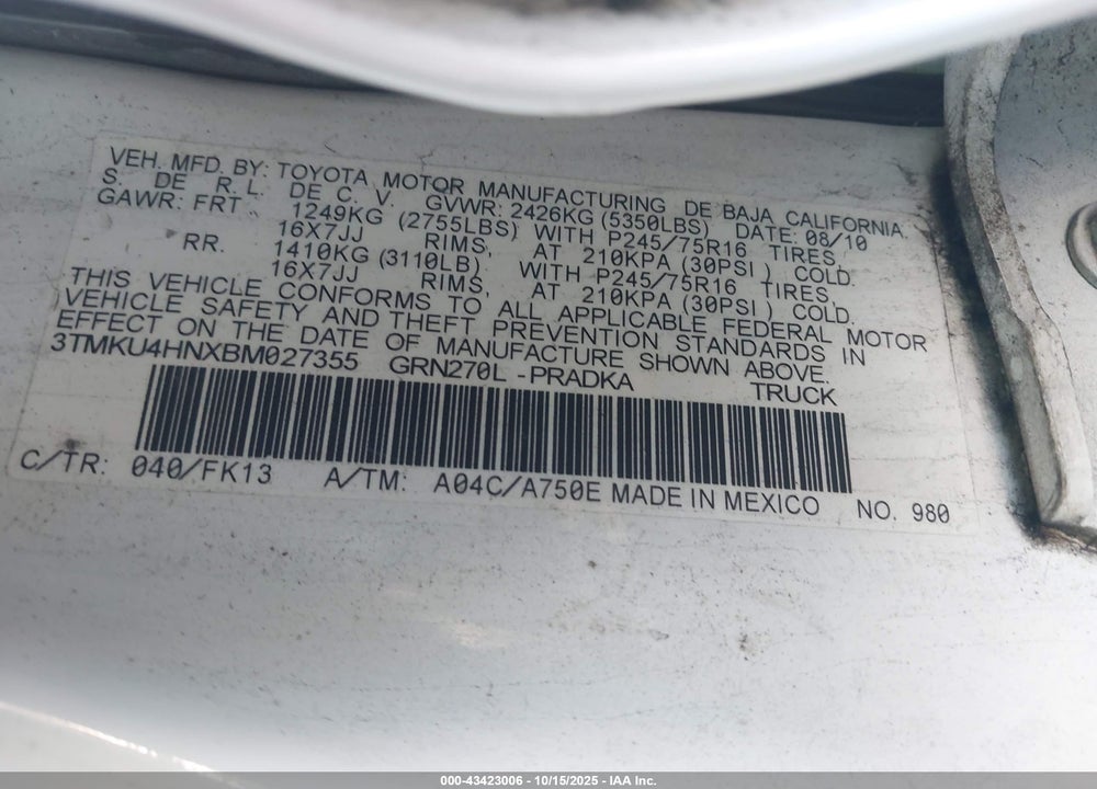 2011 TOYOTA TACOMA PRERUNNER V6 VIN: 3TMKU4HNXBM027355