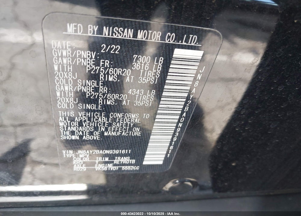 2022 NISSAN ARMADA SL 2WD VIN: JN8AY2BA0N9391611