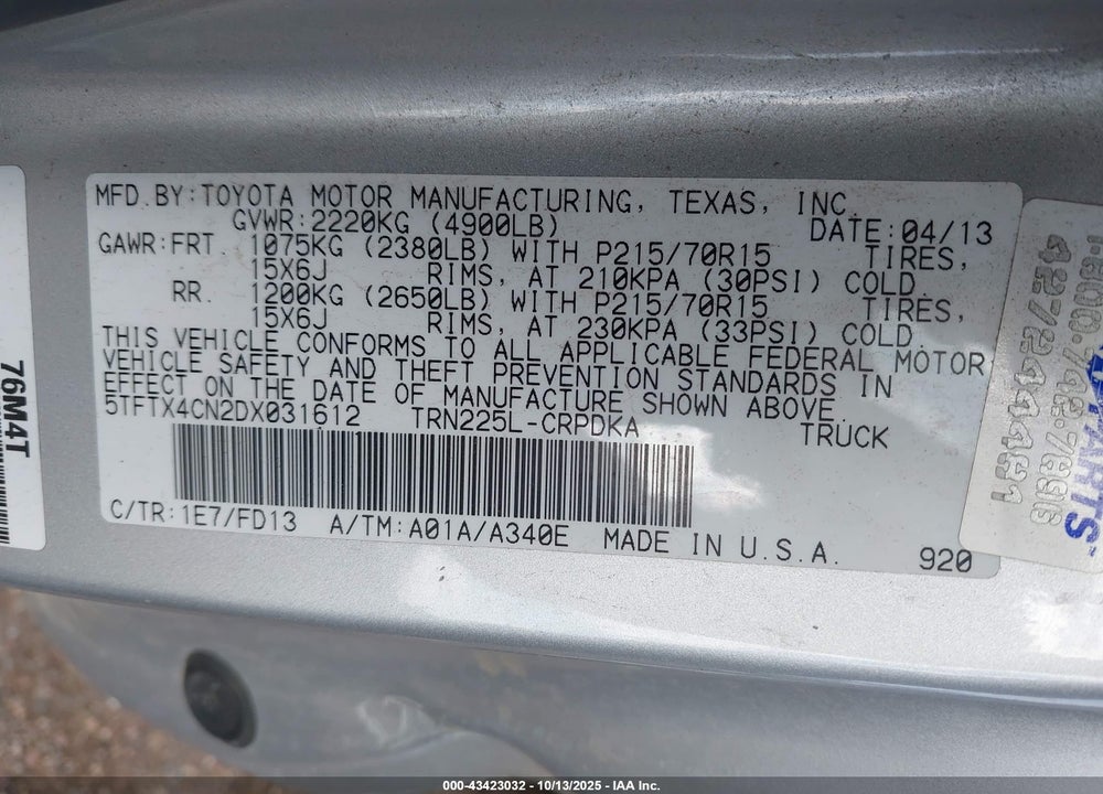2013 TOYOTA TACOMA VIN: 5TFTX4CN2DX031612