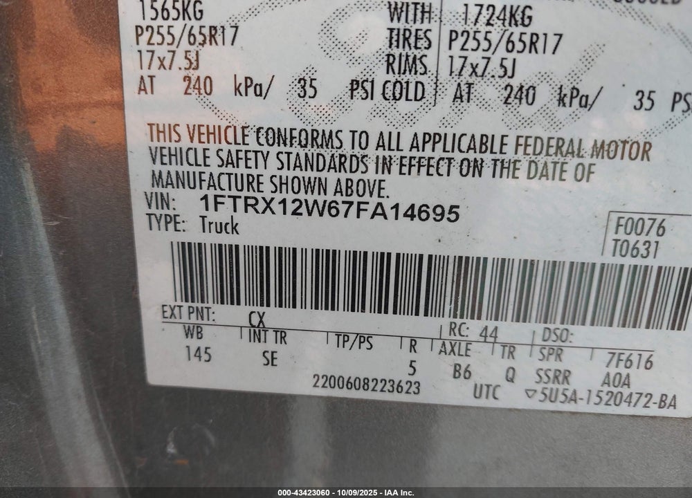 2007 FORD F-150 VIN: 1FTRX12W67FA14695