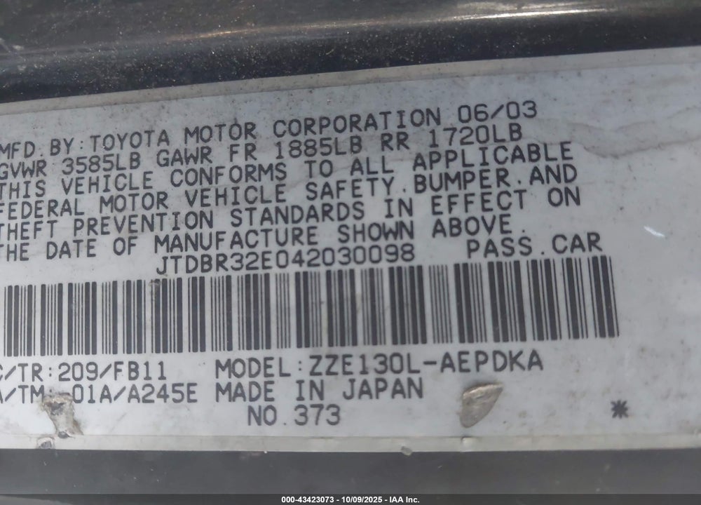 2004 TOYOTA COROLLA CE VIN: JTDBR32E042030098
