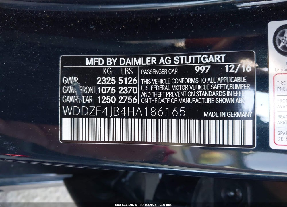 2017 MERCEDES-BENZ E-CLASS VIN: WDDZF4JB4HA186165