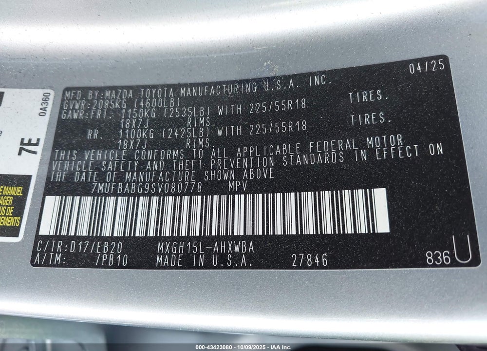 2025 TOYOTA COROLLA CROSS HYBRID XSE VIN: 7MUFBABG9SV080778