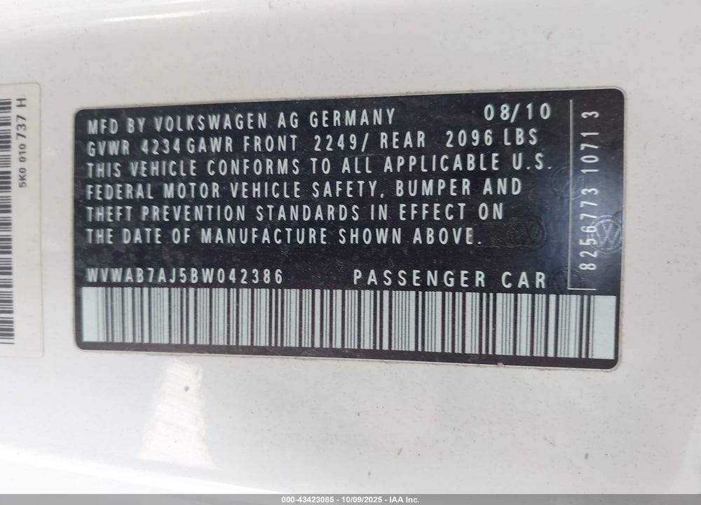 2011 VOLKSWAGEN GOLF 2.5L 2-DOOR VIN: WVWAB7AJ5BW042386