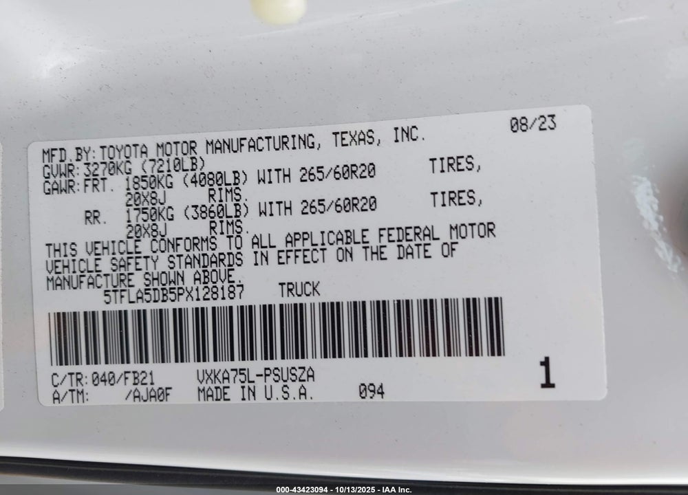 2023 TOYOTA TUNDRA SR5 VIN: 5TFLA5DB5PX128187