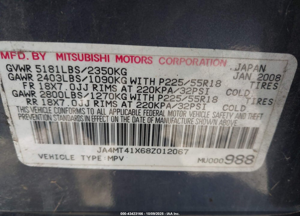 2008 MITSUBISHI OUTLANDER VIN: JA4MT41X68Z012067
