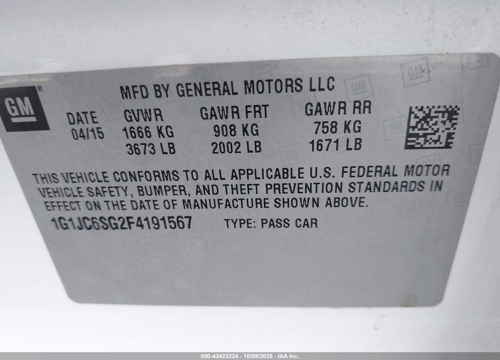 2015 CHEVROLET SONIC LT AUTO VIN: 1G1JC6SG2F4191567