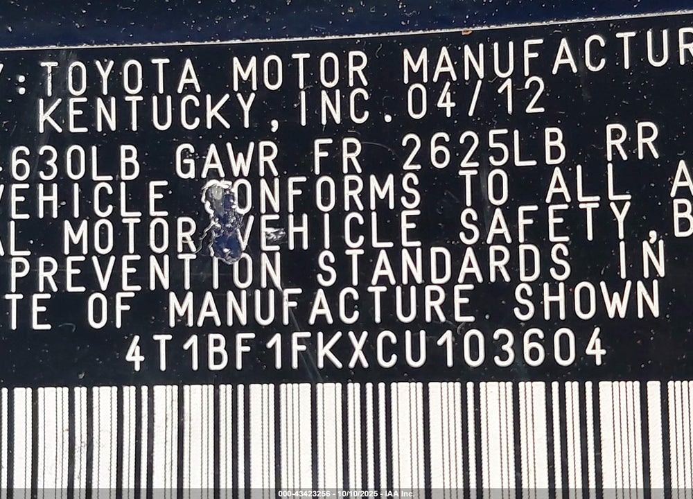 2012 TOYOTA CAMRY LE VIN: 4T1BF1FKXCU103604