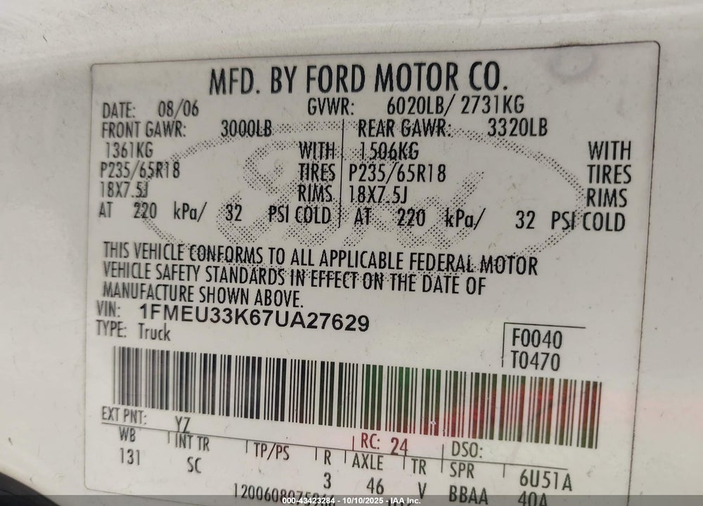 2007 FORD EXPLORER SPORT TRAC LIMITED VIN: 1FMEU33K67UA27629