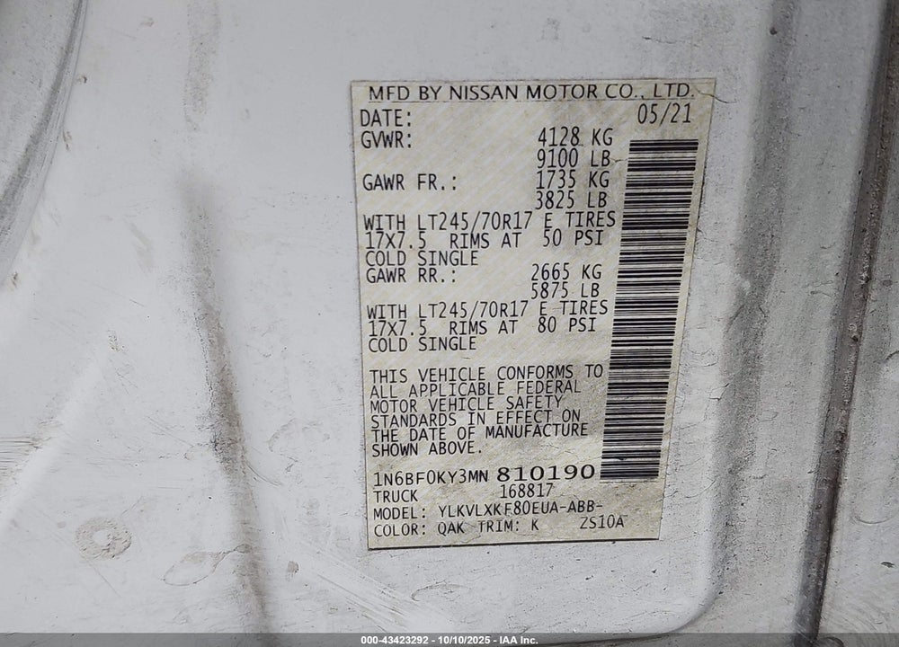 2021 NISSAN NV CARGO NV2500 HD SV STANDARD ROOF V6 VIN: 1N6BF0KY3MN810190