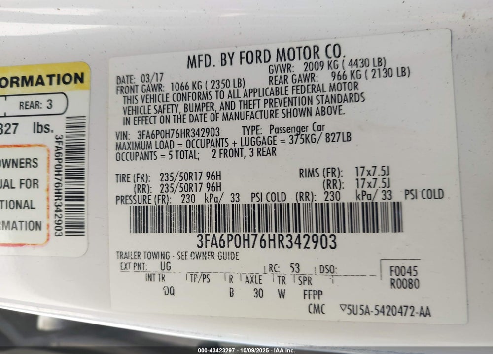 2017 FORD FUSION VIN: 3FA6P0H76HR342903