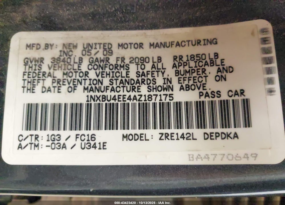2010 TOYOTA COROLLA LE VIN: 1NXBU4EE4AZ187175