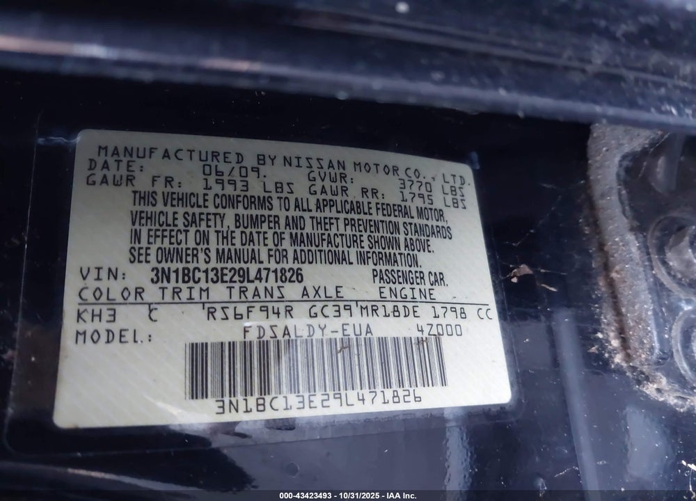 2009 NISSAN VERSA VIN: 3N1BC13E29L471826