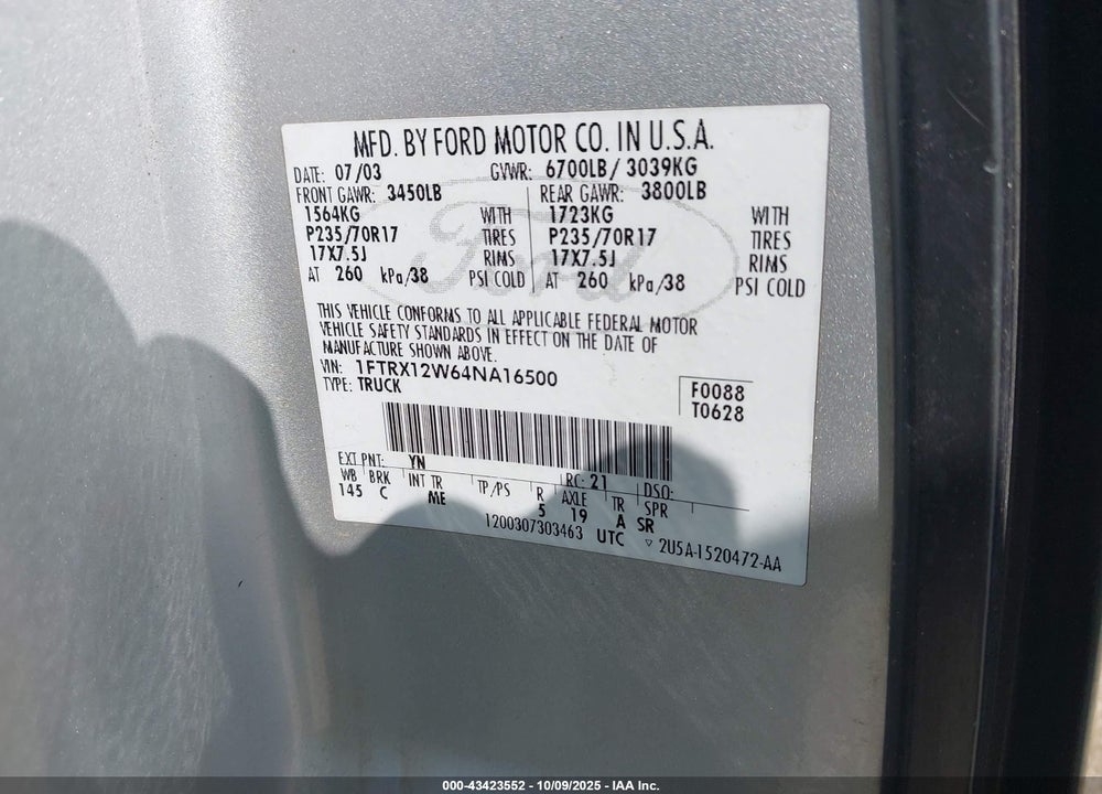 2004 FORD F-150 VIN: 1FTRX12W64NA16500