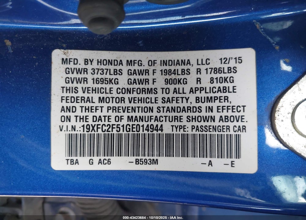 2016 HONDA CIVIC VIN: 19XFC2F51GE014944