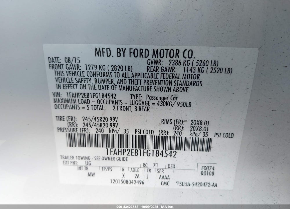 2015 FORD TAURUS VIN: 1FAHP2E81FG184542