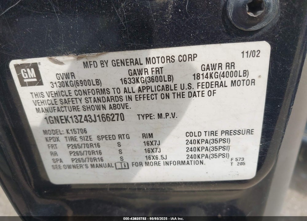 2003 CHEVROLET TAHOE LT VIN: 1GNEK13Z43J166270