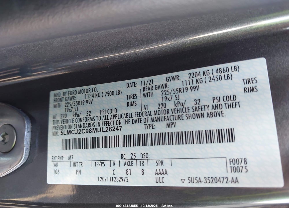 2021 LINCOLN CORSAIR RESERVE VIN: 5LMCJ2C98MUL26247