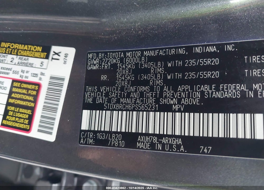 2023 TOYOTA HIGHLANDER HYBRID VIN: 5TDXBRCH6PS565231