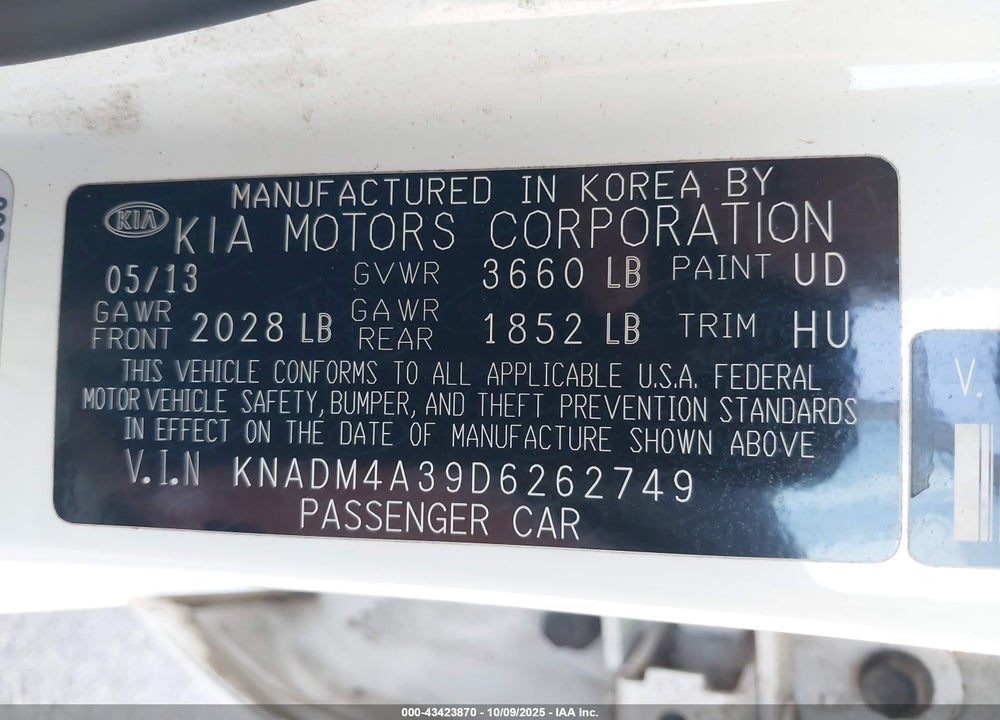 2013 KIA RIO VIN: KNADM4A39D6262749