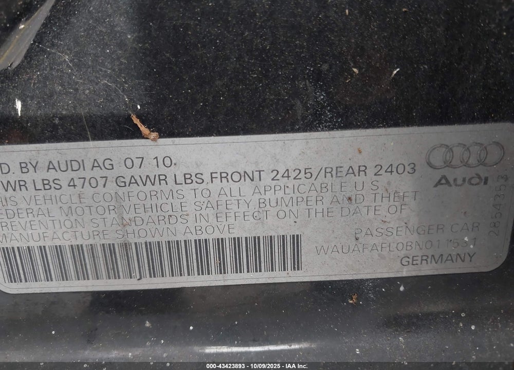 2011 AUDI A4 VIN: WAUAFAFL0BN011531