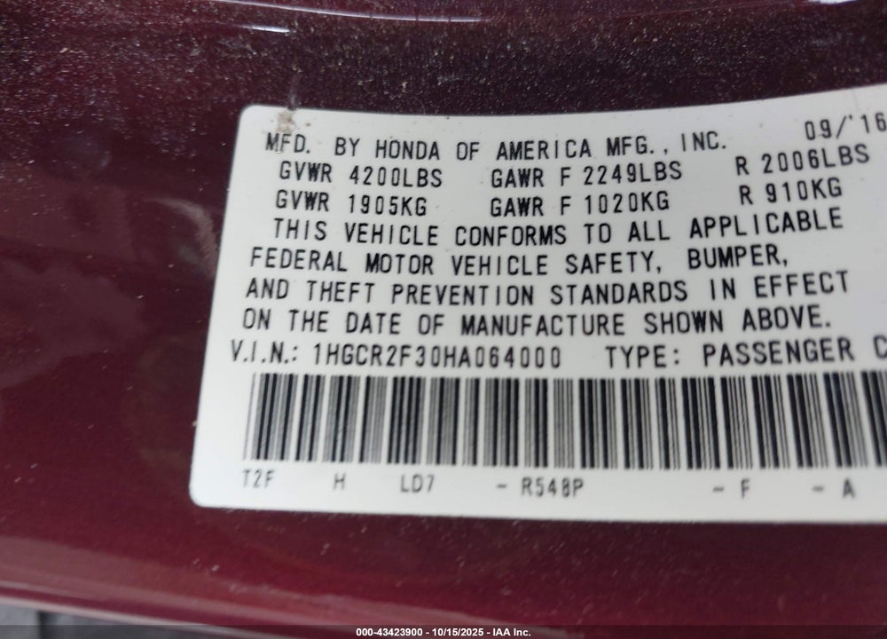 2017 HONDA ACCORD VIN: 1HGCR2F30HA064000
