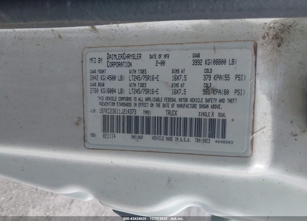 2001 DODGE RAM 2500 ST VIN: 1B7KC23611J214373